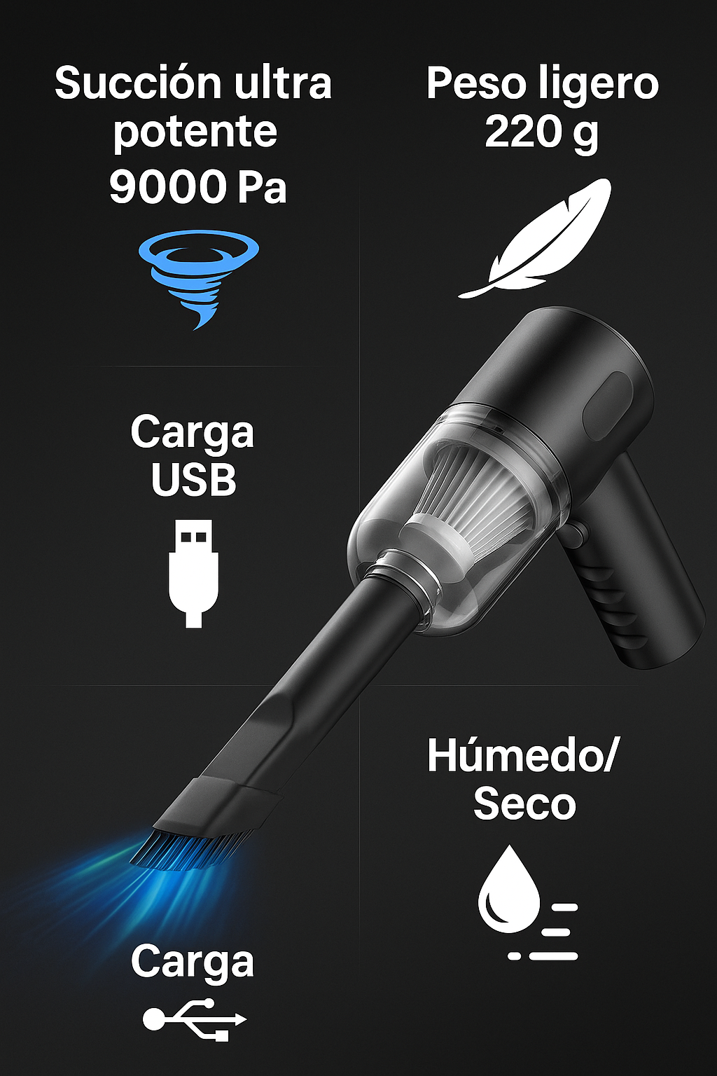 Rodax MiniVac 9000 – Aspiradora Portátil para Carro, 9000 Pa, USB, Húmedo/Seco